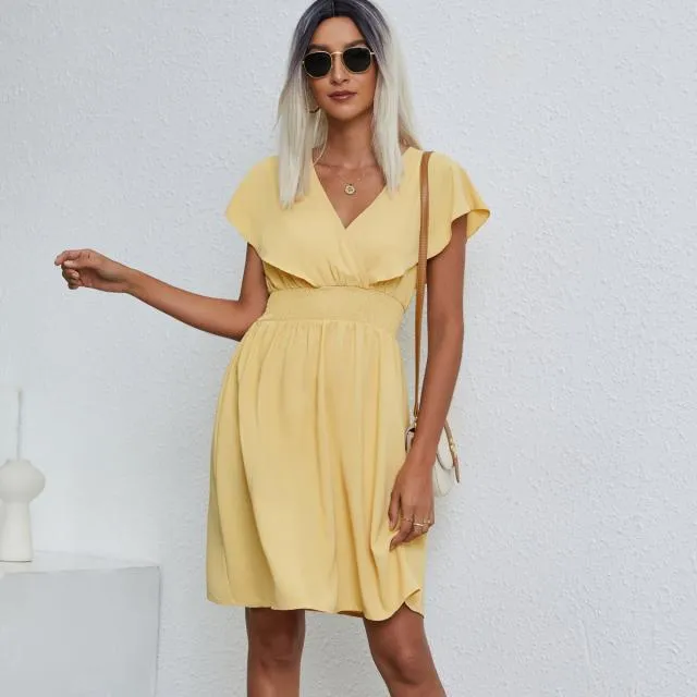 Beachsissi Dresses Women Fashion Solid Color V Neck Casual Dress Yellow