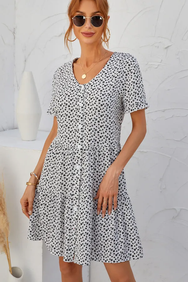 Beachsissi Dresses Women Floral Print Ruffled Short Sleeve Casual Dress White