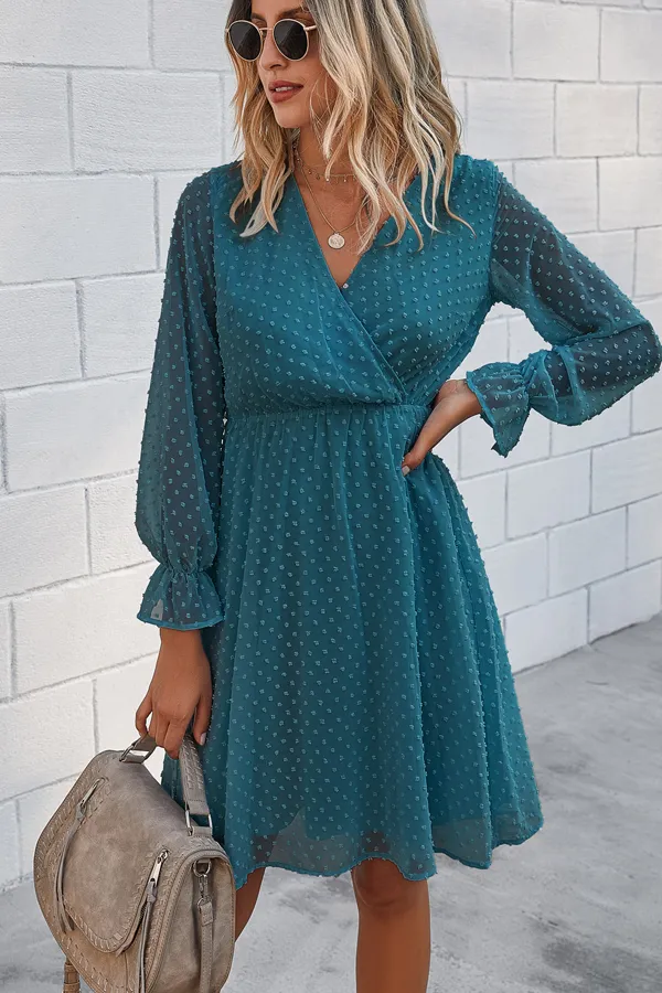 Beachsissi Dresses Women Lantern Sleeve V Neck Elastic Waist Midi Dress Blue