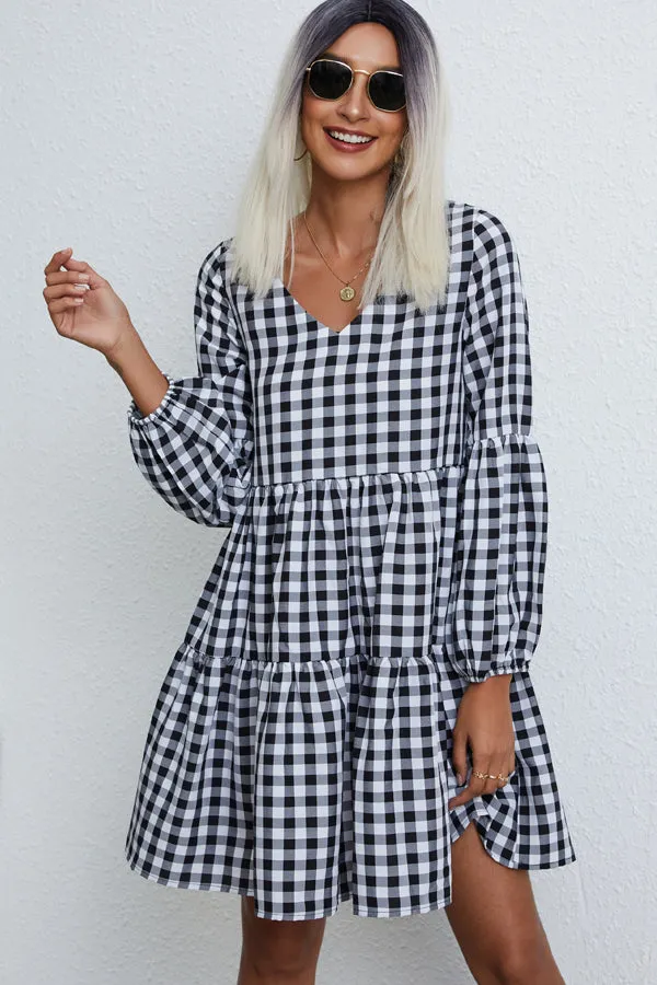 Beachsissi Dresses Women Lattice Print V Neck Long Sleeve Casual Dress Black