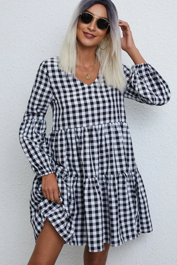 Beachsissi Dresses Women Lattice Print V Neck Long Sleeve Casual Dress Black Beachsissi Dresses Women Lattice Print V Neck Long Sleeve Casual Dress Black