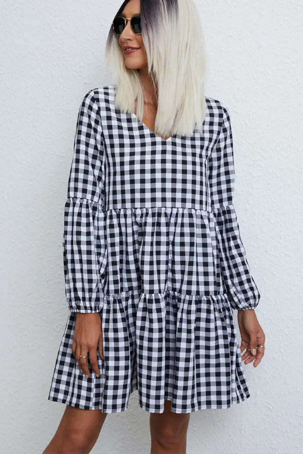 Beachsissi Dresses Women Lattice Print V Neck Long Sleeve Casual Dress Black Beachsissi Dresses Women Lattice Print V Neck Long Sleeve Casual Dress Black