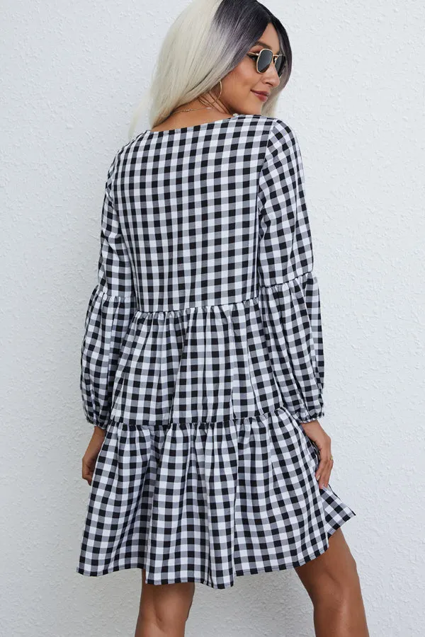 Beachsissi Dresses Women Lattice Print V Neck Long Sleeve Casual Dress Black Beachsissi Dresses Women Lattice Print V Neck Long Sleeve Casual Dress Black