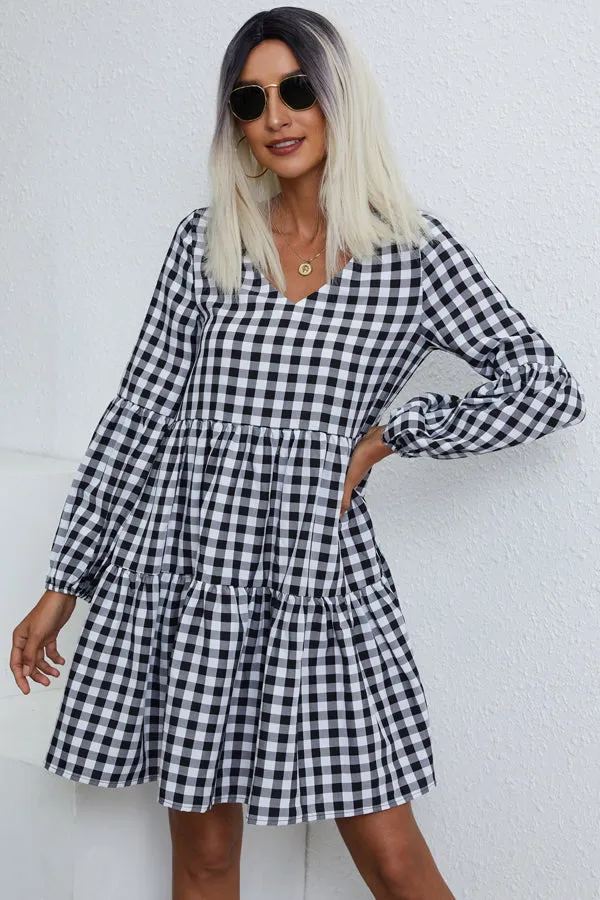 Beachsissi Dresses Women Lattice Print V Neck Long Sleeve Casual Dress Black Beachsissi Dresses Women Lattice Print V Neck Long Sleeve Casual Dress Black