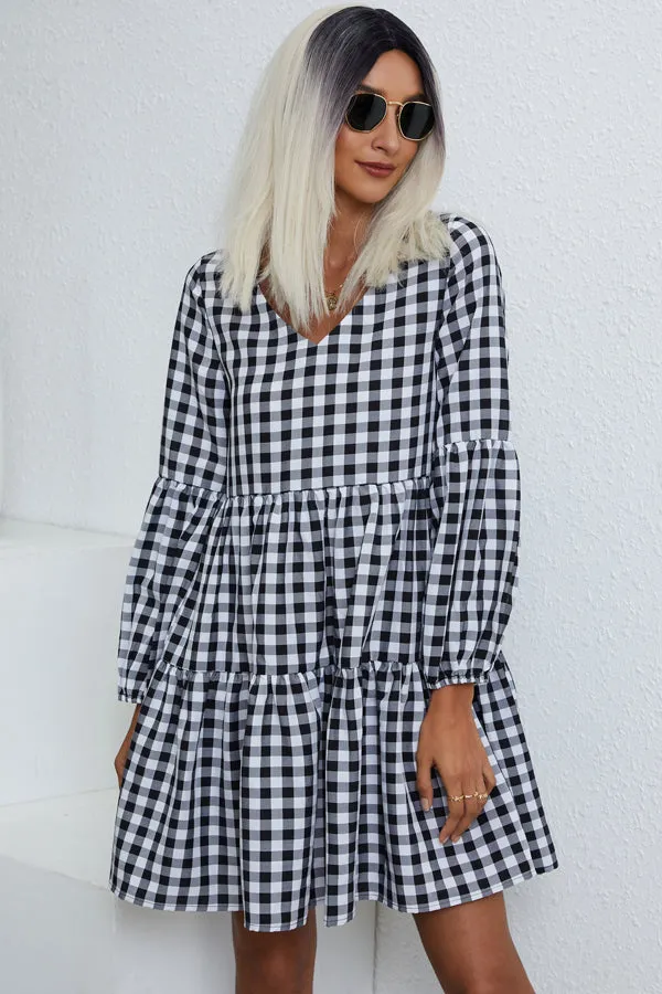 Beachsissi Dresses Women Lattice Print V Neck Long Sleeve Casual Dress Black Beachsissi Dresses Women Lattice Print V Neck Long Sleeve Casual Dress Black