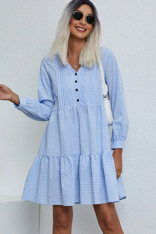 Beachsissi Dresses Women Plaid Print Button High Waist Dress Blue
