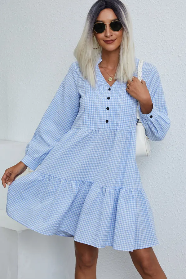 Beachsissi Dresses Women Plaid Print Button High Waist Dress Blue