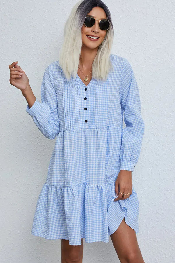 Beachsissi Dresses Women Plaid Print Button High Waist Dress Blue