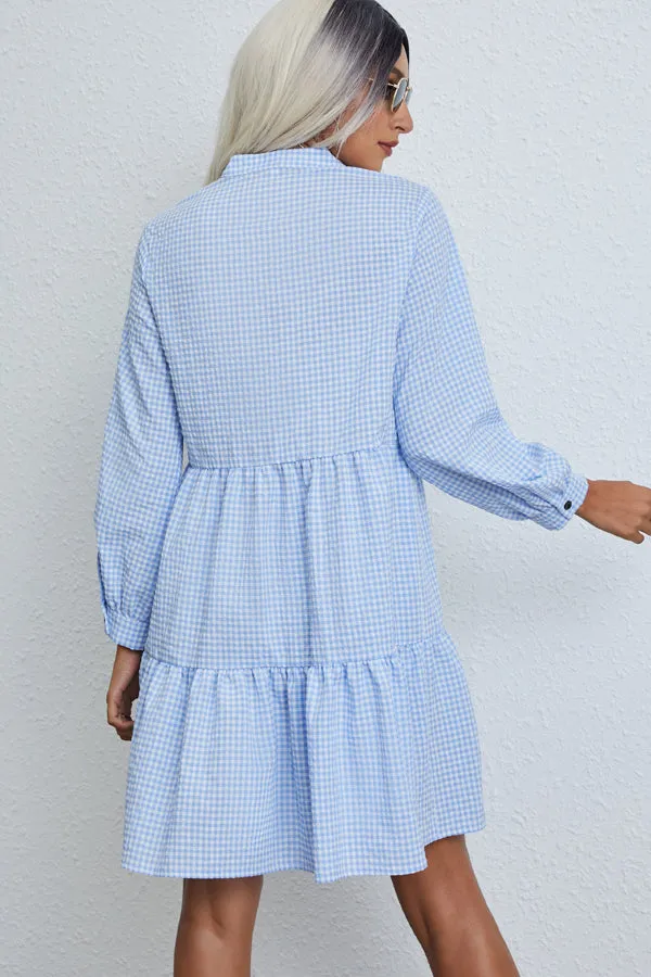 Beachsissi Dresses Women Plaid Print Button High Waist Dress Blue