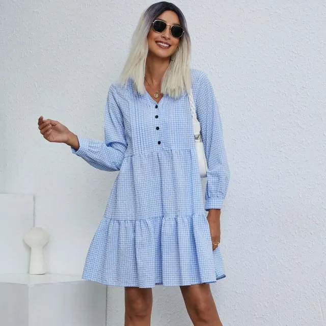 Beachsissi Dresses Women Plaid Print Button High Waist Dress Blue