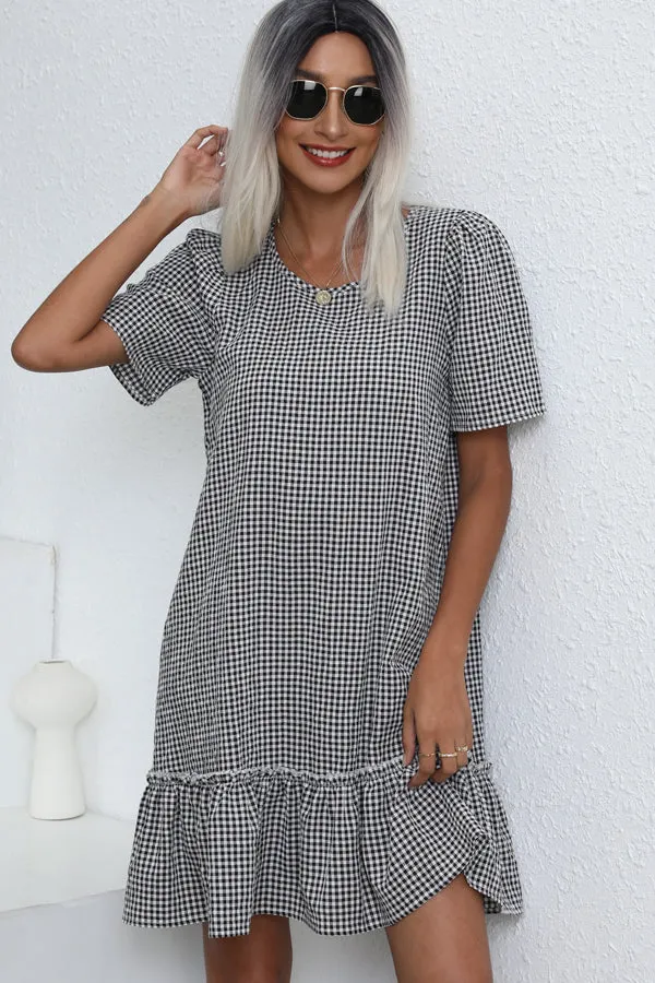 Beachsissi Dresses Women Plaid Print Ruffle Hem Loose Fit Mini Dress Grey