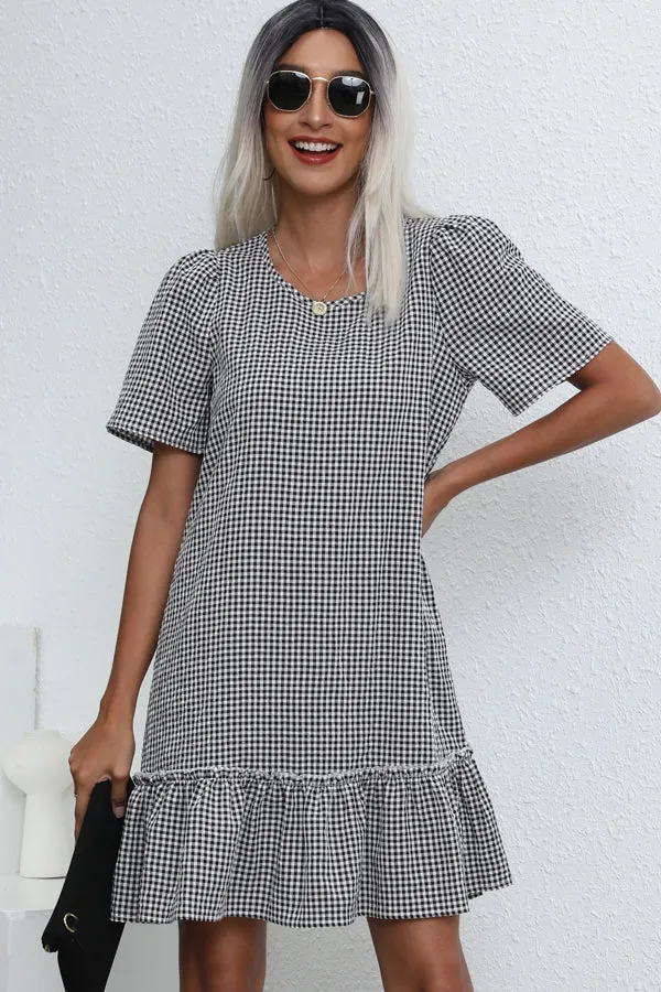 Beachsissi Dresses Women Plaid Print Ruffle Hem Loose Fit Mini Dress Grey