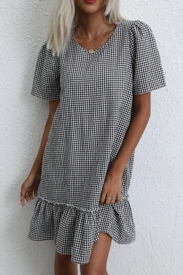Beachsissi Dresses Women Plaid Print Ruffle Hem Loose Fit Mini Dress Grey