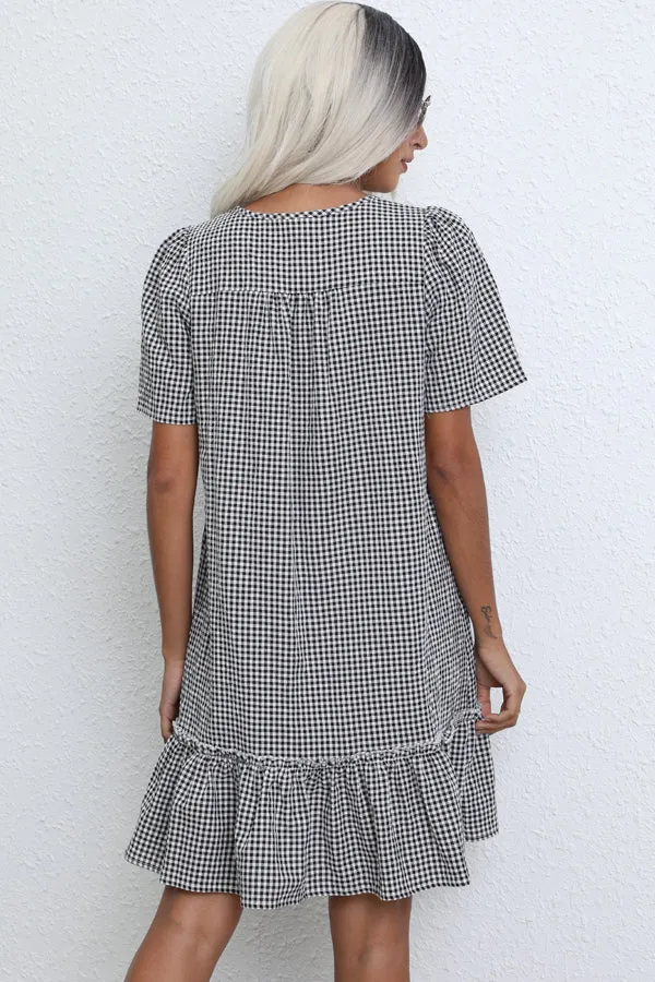 Beachsissi Dresses Women Plaid Print Ruffle Hem Loose Fit Mini Dress Grey