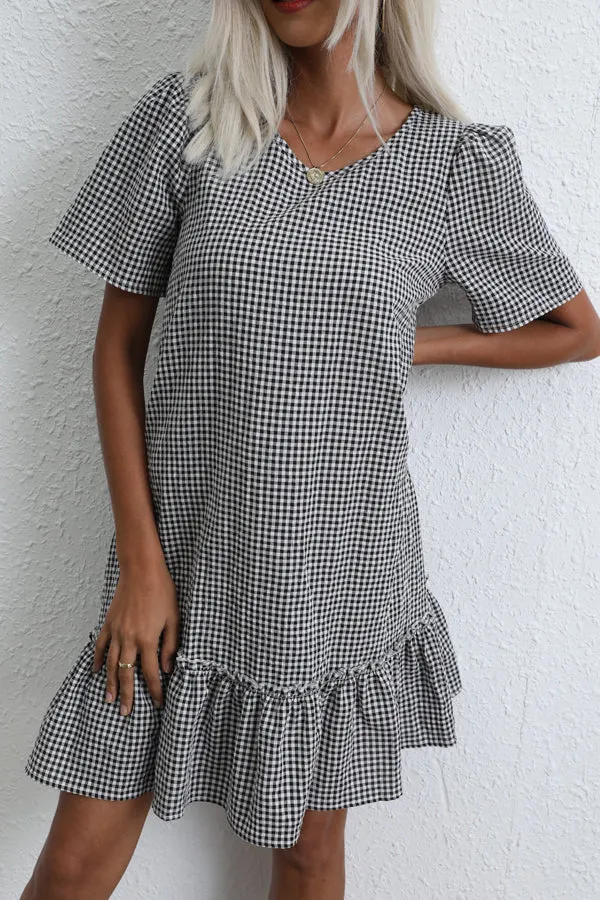 Beachsissi Dresses Women Plaid Print Ruffle Hem Loose Fit Mini Dress Grey