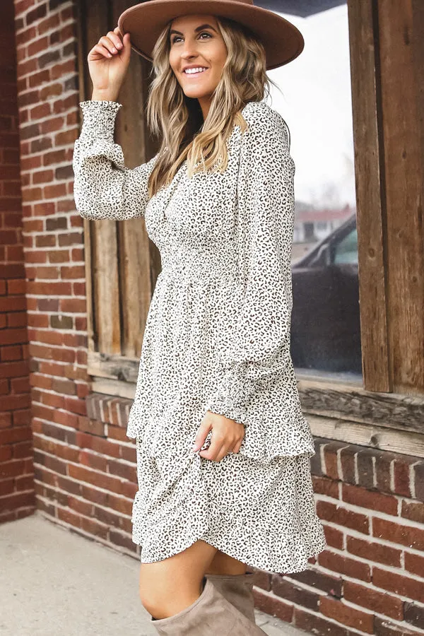 Beachsissi Dresses Women Polka Dot Print Ruffle Hem Long Sleeve Dress White