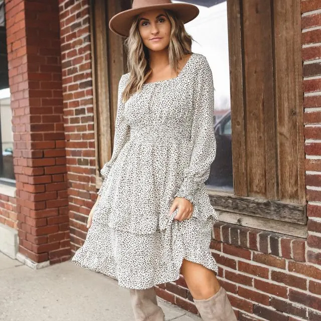 Beachsissi Dresses Women Polka Dot Print Ruffle Hem Long Sleeve Dress White