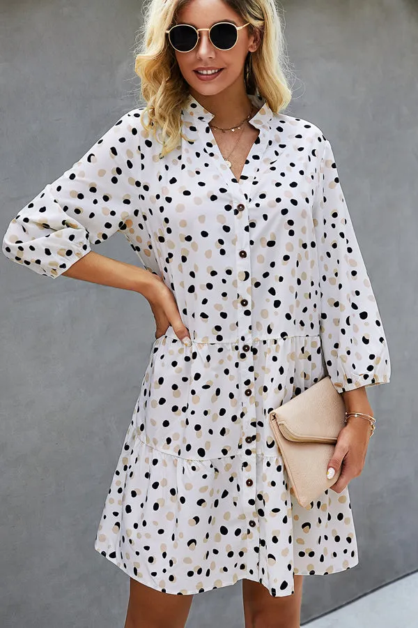 Beachsissi Dresses Women Polka Dot Print V Neck Button Casual Dress White