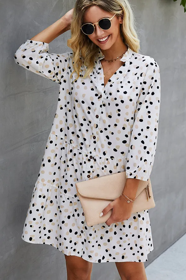 Beachsissi Dresses Women Polka Dot Print V Neck Button Casual Dress White