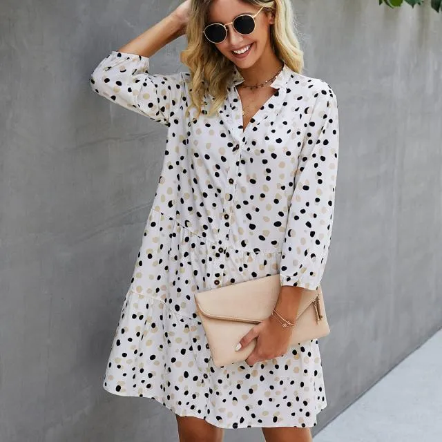 Beachsissi Dresses Women Polka Dot Print V Neck Button Casual Dress White