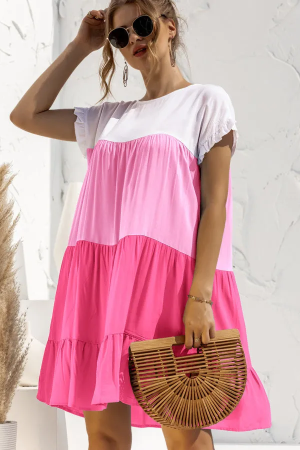 Beachsissi Dresses Women Round Neck Ruched Short Sleeve Mini Dress Pink