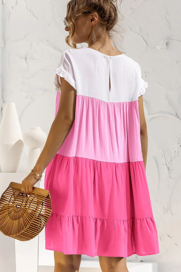Beachsissi Dresses Women Round Neck Ruched Short Sleeve Mini Dress Pink