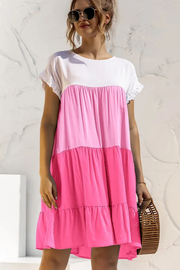 Beachsissi Dresses Women Round Neck Ruched Short Sleeve Mini Dress Pink