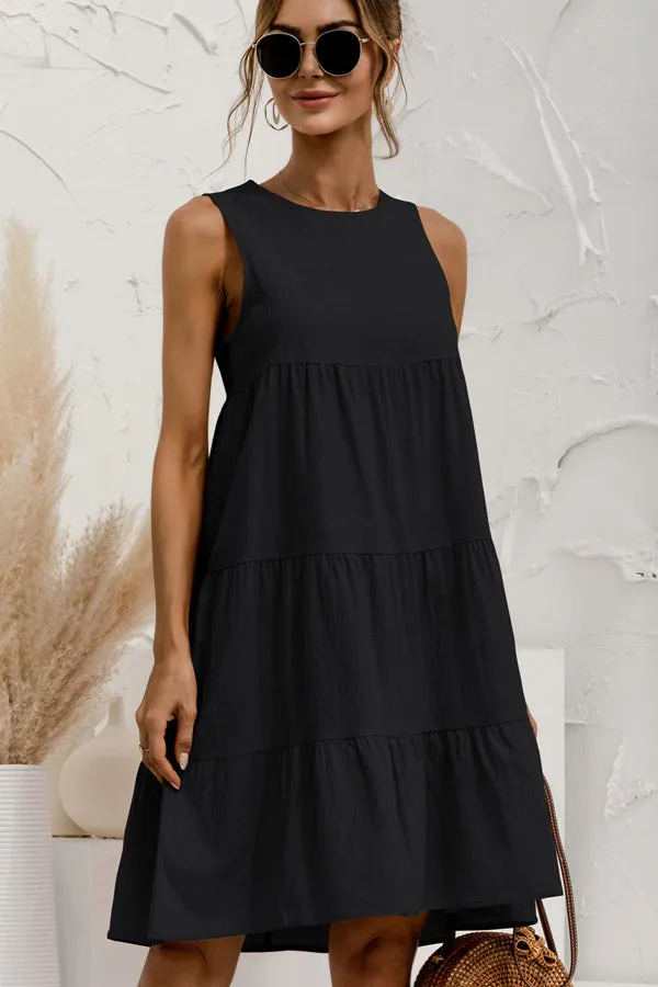 Beachsissi Dresses Women Round Neck Ruched Sleeveless Mini Dress Black
