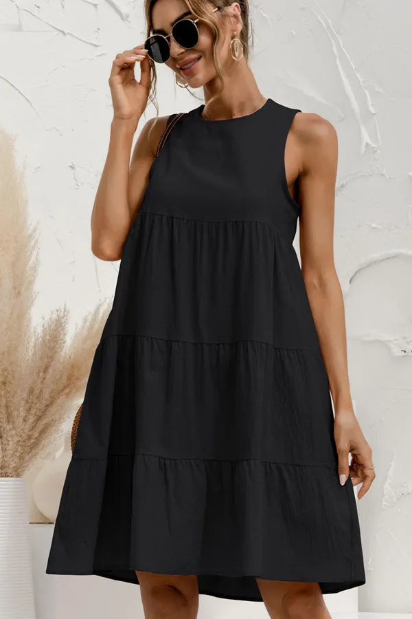 Beachsissi Dresses Women Round Neck Ruched Sleeveless Mini Dress Black