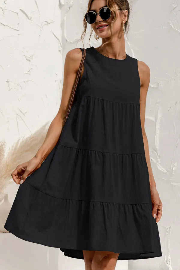 Beachsissi Dresses Women Round Neck Ruched Sleeveless Mini Dress Black