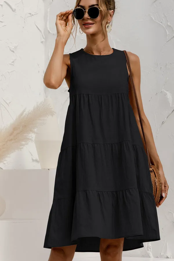 Beachsissi Dresses Women Round Neck Ruched Sleeveless Mini Dress Black