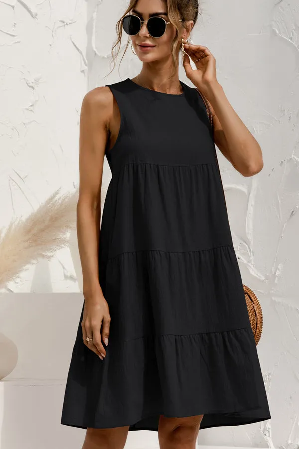 Beachsissi Dresses Women Round Neck Ruched Sleeveless Mini Dress Black