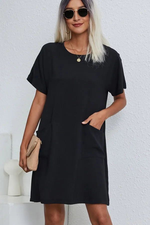 Beachsissi Dresses Women Round Neck Solid Color Casual Dresses With Pockets Black Beachsissi Dresses Women Round Neck Solid Color Casual Dresses With Pockets Black
