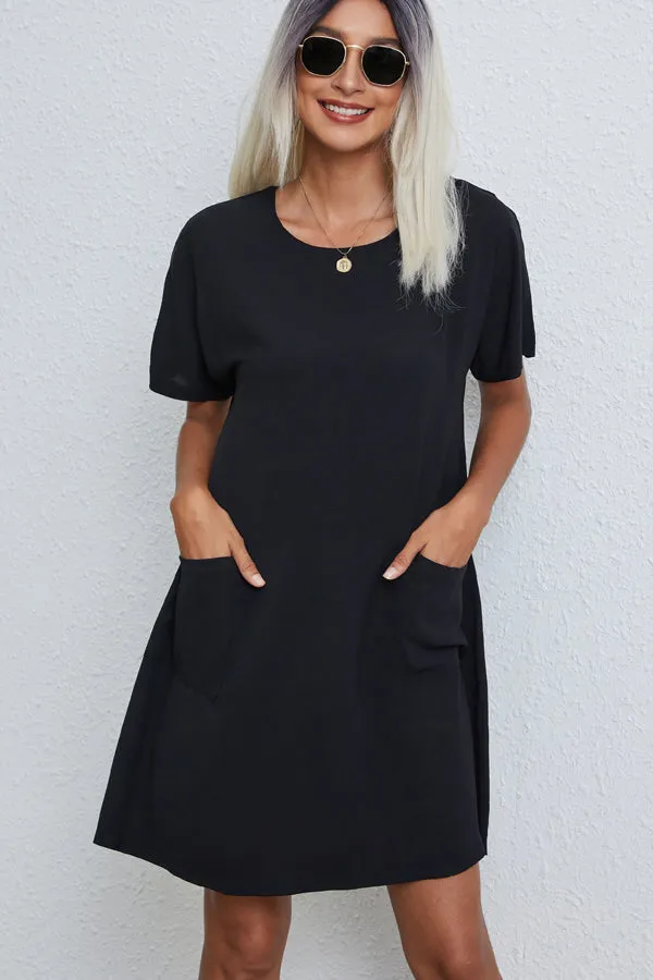 Beachsissi Dresses Women Round Neck Solid Color Casual Dresses With Pockets Black Beachsissi Dresses Women Round Neck Solid Color Casual Dresses With Pockets Black
