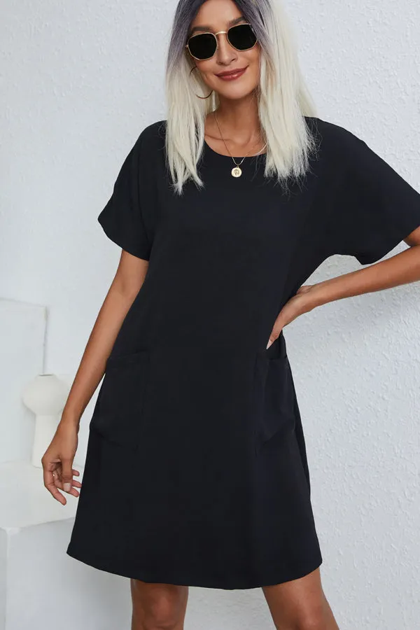 Beachsissi Dresses Women Round Neck Solid Color Casual Dresses With Pockets Black Beachsissi Dresses Women Round Neck Solid Color Casual Dresses With Pockets Black