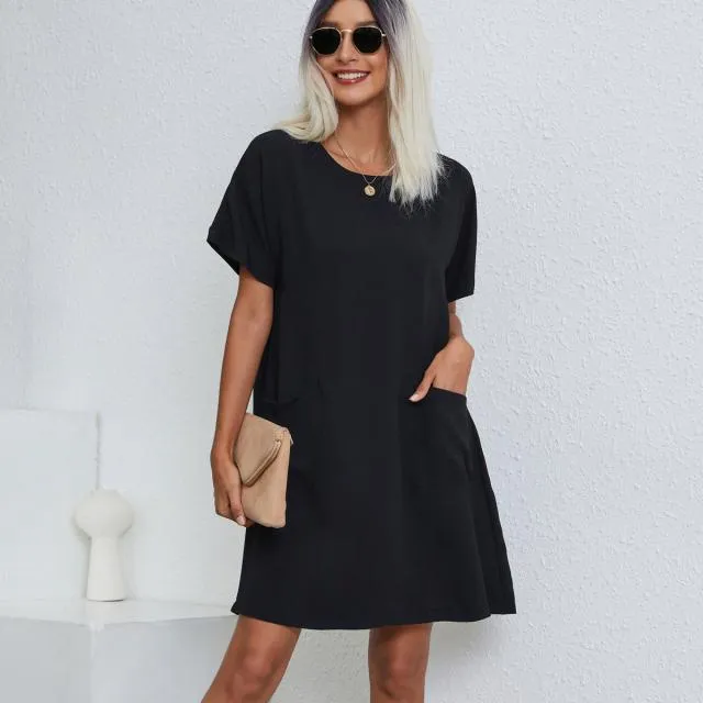 Beachsissi Dresses Women Round Neck Solid Color Casual Dresses With Pockets Black Beachsissi Dresses Women Round Neck Solid Color Casual Dresses With Pockets Black