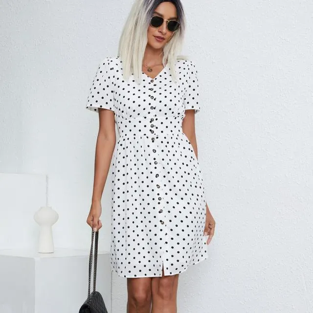 Beachsissi Dresses Women Short Sleeve Dot Print Casual Dress White