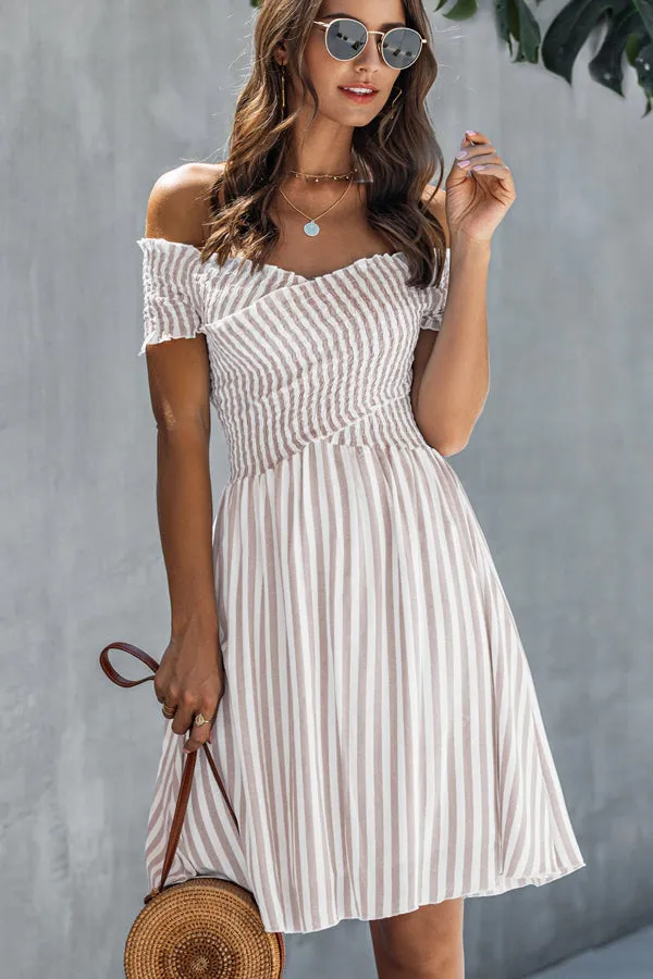 Beachsissi Dresses Women Smocked Chest Short Sleeve Stripe Dress Beige