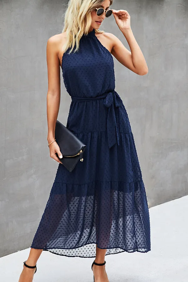 Beachsissi Dresses Women Solid Color Halter Neck Tie Waist Dress Navy Blue