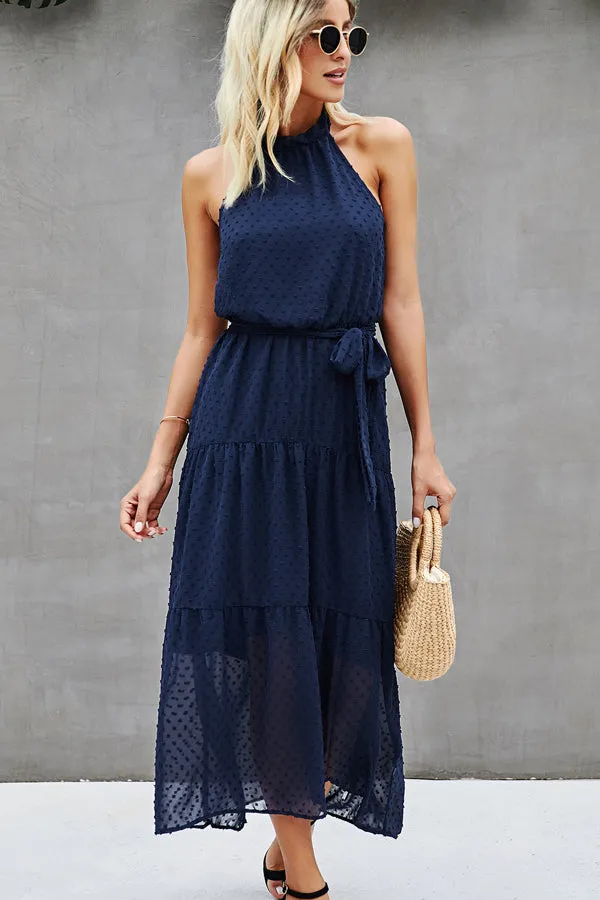 Beachsissi Dresses Women Solid Color Halter Neck Tie Waist Dress Navy Blue