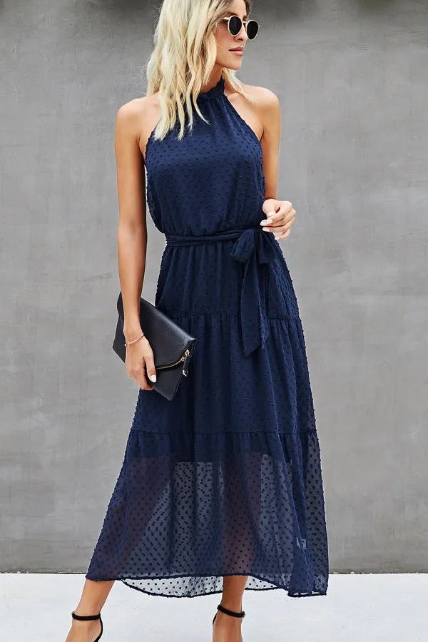 Beachsissi Dresses Women Solid Color Halter Neck Tie Waist Dress Navy Blue