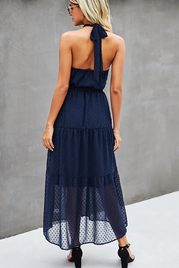 Beachsissi Dresses Women Solid Color Halter Neck Tie Waist Dress Navy Blue