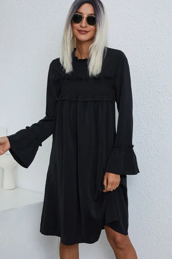 Beachsissi Dresses Women Solid Color Smocked Chest Long Sleeve Casual Dress Black Beachsissi Dresses Women Solid Color Smocked Chest Long Sleeve Casual Dress Black