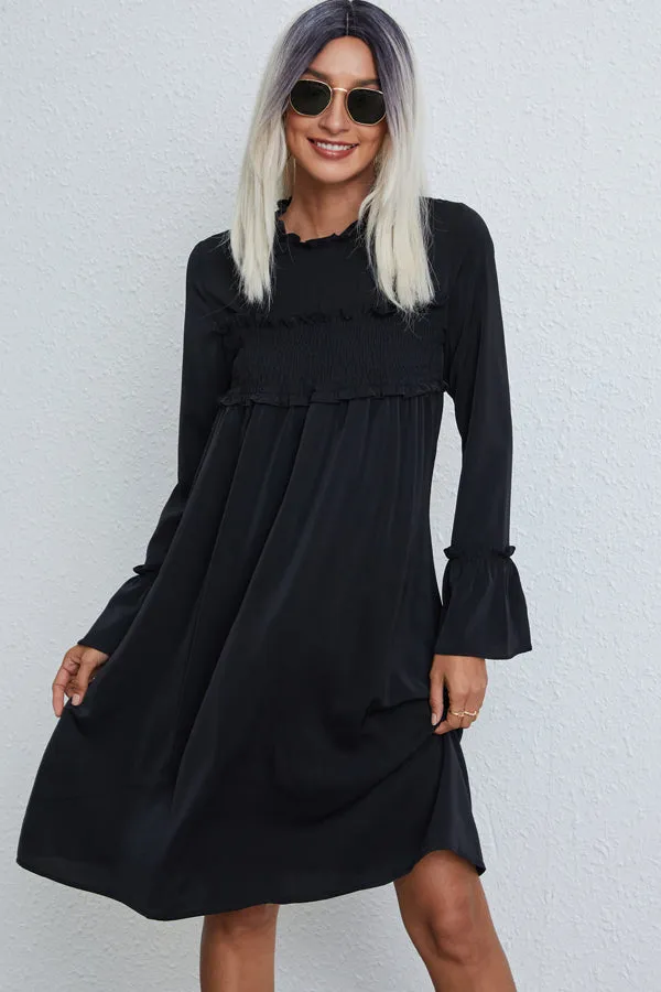 Beachsissi Dresses Women Solid Color Smocked Chest Long Sleeve Casual Dress Black Beachsissi Dresses Women Solid Color Smocked Chest Long Sleeve Casual Dress Black