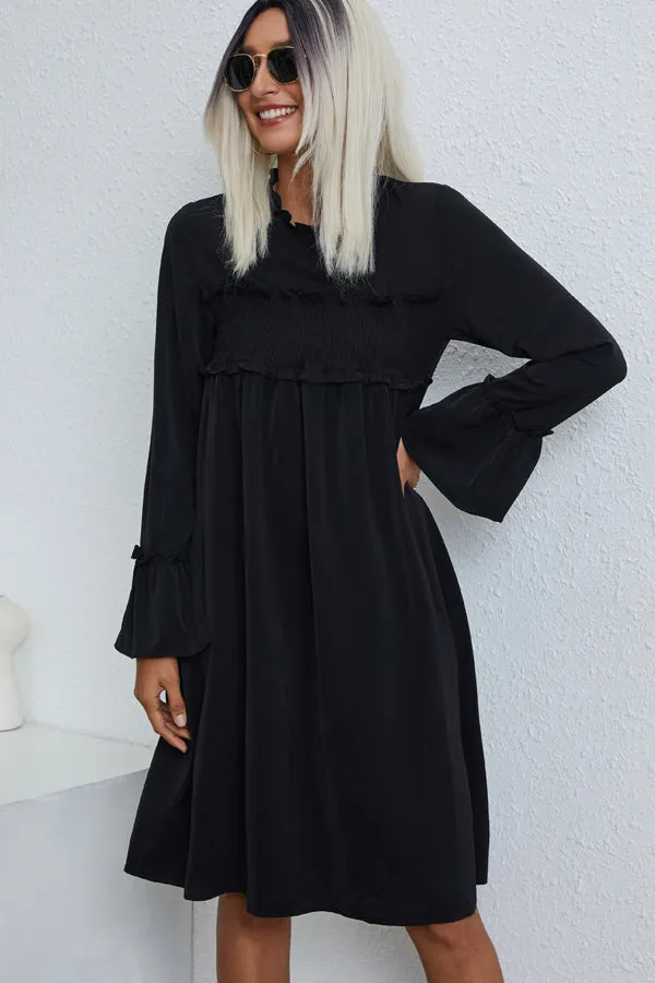 Beachsissi Dresses Women Solid Color Smocked Chest Long Sleeve Casual Dress Black Beachsissi Dresses Women Solid Color Smocked Chest Long Sleeve Casual Dress Black