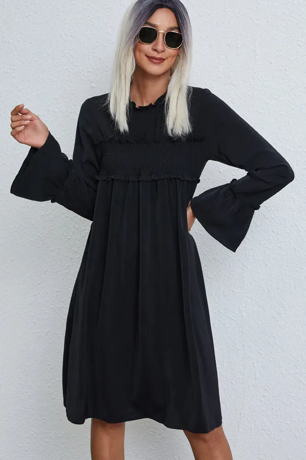 Beachsissi Dresses Women Solid Color Smocked Chest Long Sleeve Casual Dress Black Beachsissi Dresses Women Solid Color Smocked Chest Long Sleeve Casual Dress Black