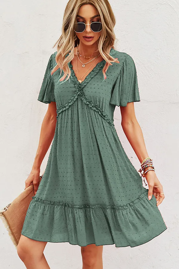 Beachsissi Dresses Women Solid Color V Neck High Waist Casual Dress Green