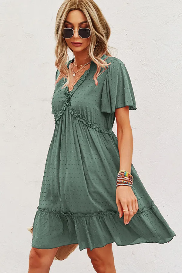 Beachsissi Dresses Women Solid Color V Neck High Waist Casual Dress Green