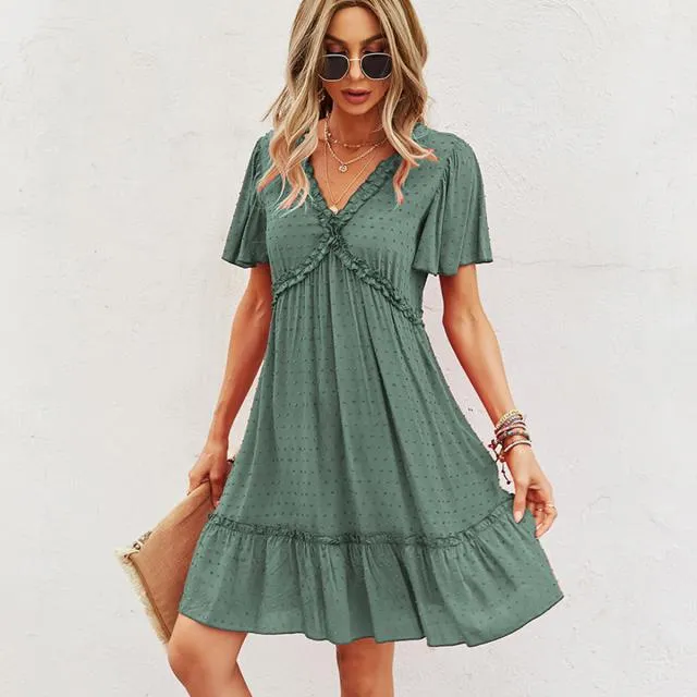 Beachsissi Dresses Women Solid Color V Neck High Waist Casual Dress Green
