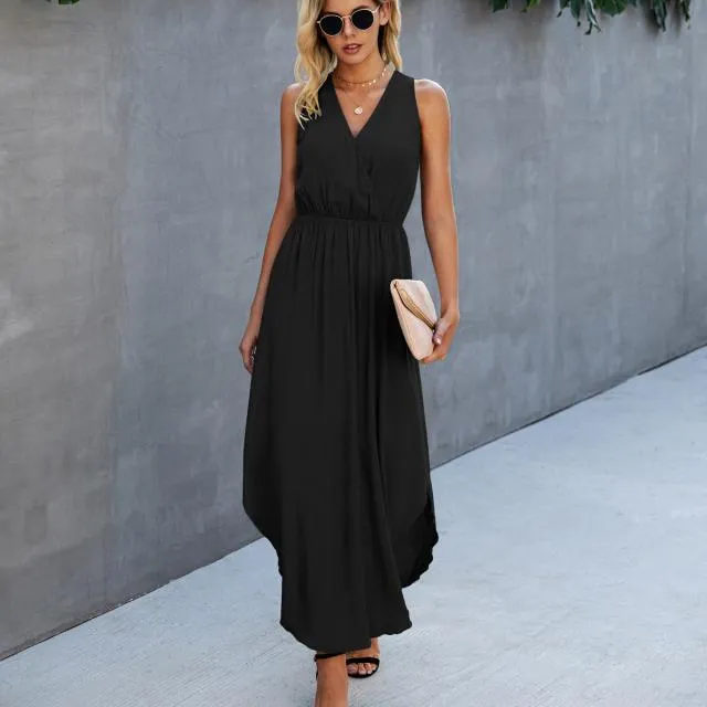 Beachsissi Dresses Women Solid Color V Neck Sleeveless Dress Black